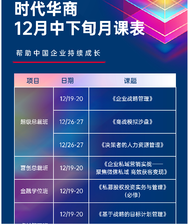 时代华商商学院 2020年12月课程安排公布了