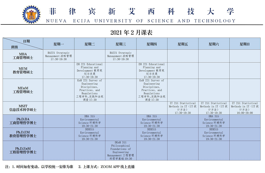 菲律宾新艾西国立科技大学硕博认证项目2021年2月份课程安排