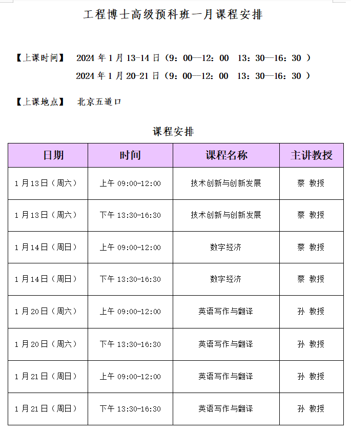 骁唐教育工程博士高级预科班一月课程安排