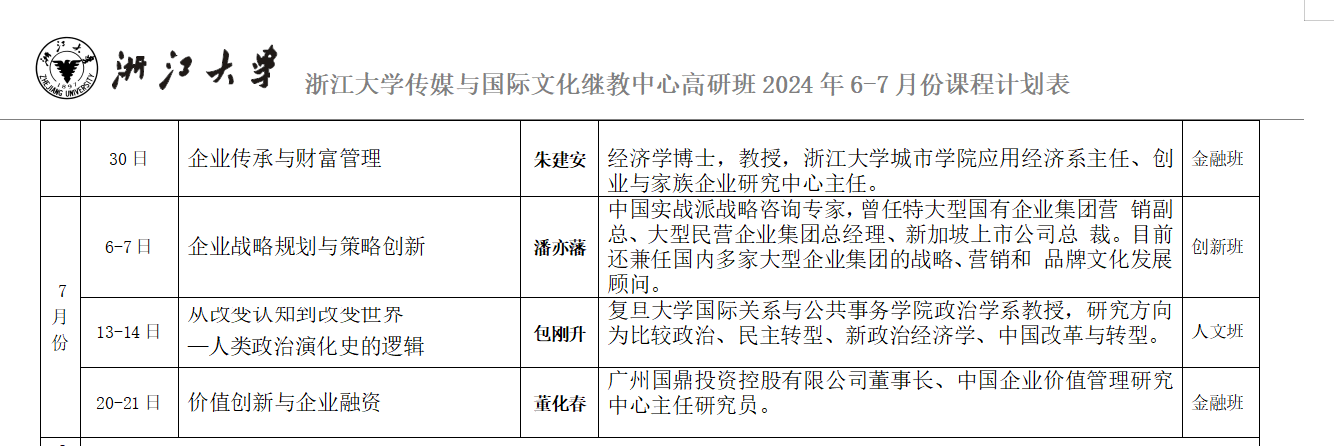 2024年7月6-7日浙江大学传媒学院浙商企业家创新提升班课程安排_潘亦藩_企业战略规划与策略创新