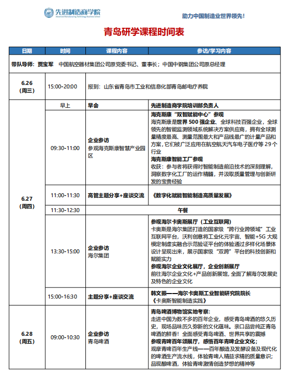 先进制造商学院2024年6月26-28日贾宝军青岛研学课程安排