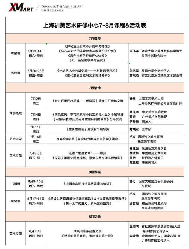 上海驯美艺术研修中心2024年珠宝班吴飞洋7月13-14日《探秘宝玉石离不开的神奇特性》 《钻石与彩钻的鉴定要点与收藏价值分析] 《彩色宝石的价值评估体系》《红、蓝宝的收藏与鉴赏》