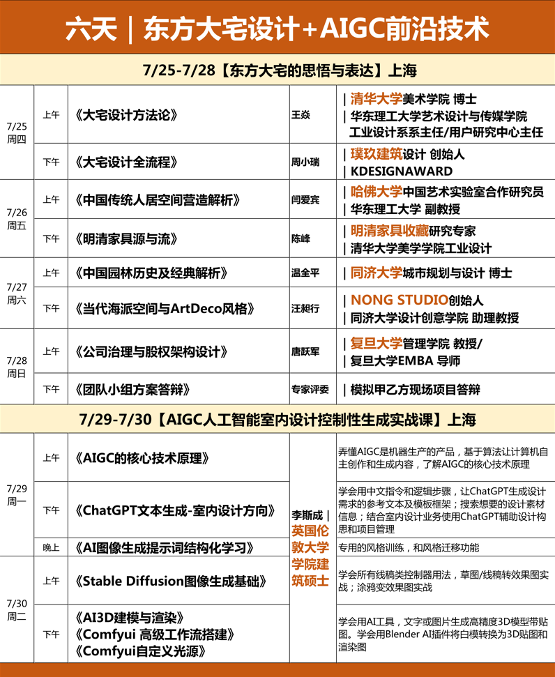 烩设计上海东方大宅设计+AIGC前沿技术7月25-30日 AIGC人工智能室内设计控制性生成实战课课程安排