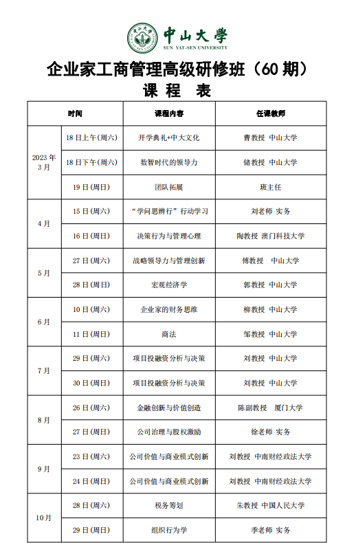 中山大学企业家工商管理高级研修班(60期)2024全年课程安排