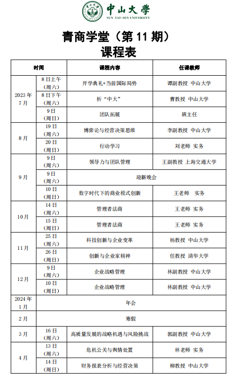 中山大學青商学堂(第 11期)2024全年课程安排