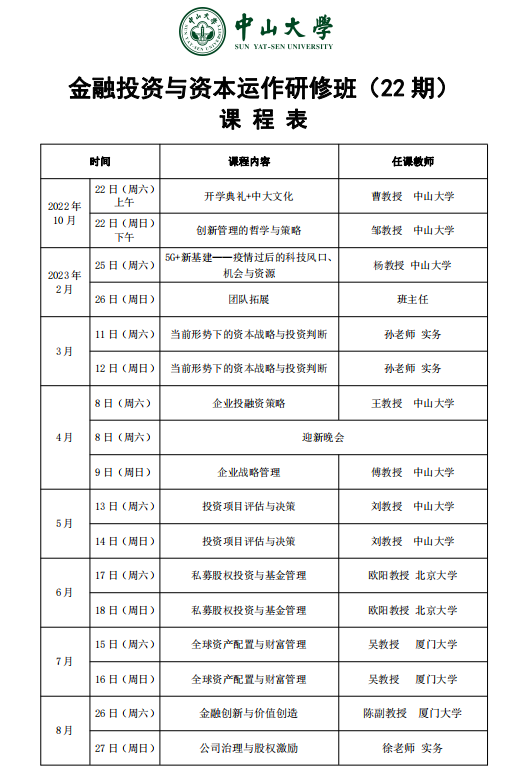 中山大学金融投资与资本运作研修班(22期)2024全年课表