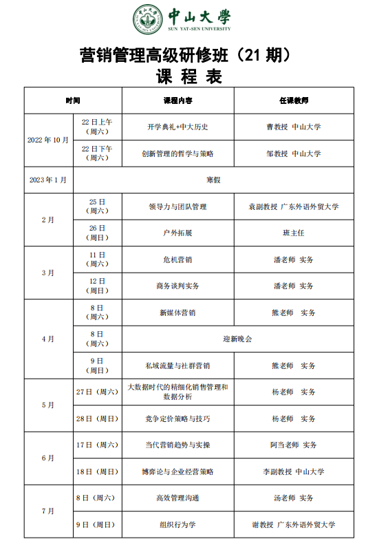 中山大學营销管理高级研修班(21期)2024-2025整期课程安排