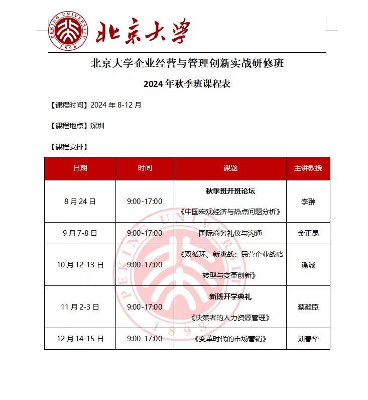 北京大学企业经营与管理创新实战研修班 2024年秋季班课程表_李翀 《中国宏观经济与热点问题分析》深圳