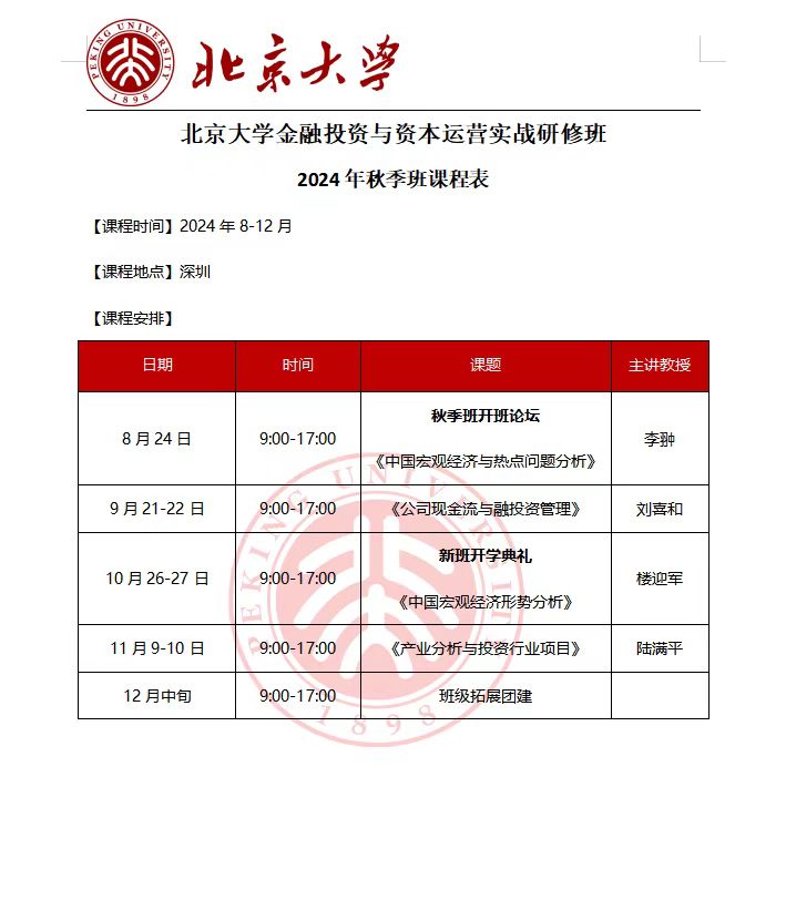 北京大学金融投资与资本运营实战研修班10月 26-27日 楼迎军  《中国宏观经济形势分析》深圳