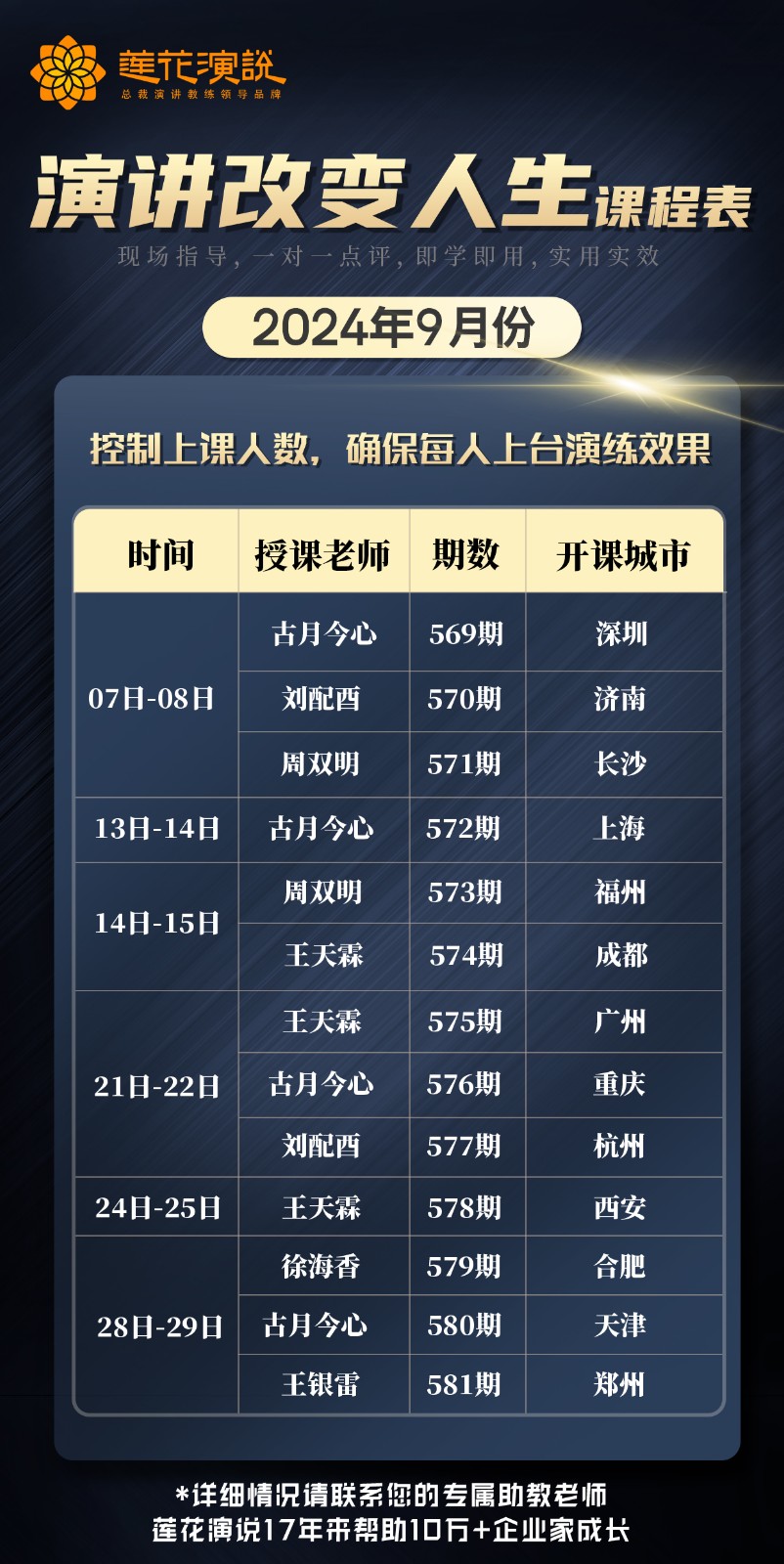 莲花演说 演讲改变人生9月份全国课程表深圳古月今心 济南长沙上海福州成都广州重庆杭州西安合肥天津郑州课程安排