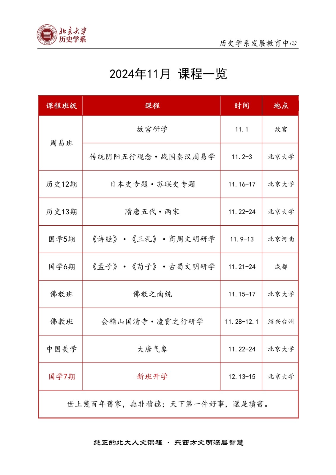 北京大学历史学系 2024年11月 课程一览_ 国学6期 日期：11月21日至24日_佛教班 日期：11月15日至17日_国学7期 日期：12月13日至15日